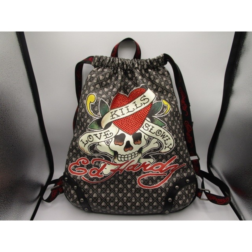 Ed Hardy Love Kills Slowly Drawstring Backpack Rhinestone Heart Vegan Black